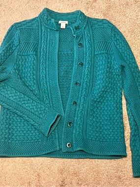 L.L. Bean Teal Aran Cable Button-Front Cardigan
